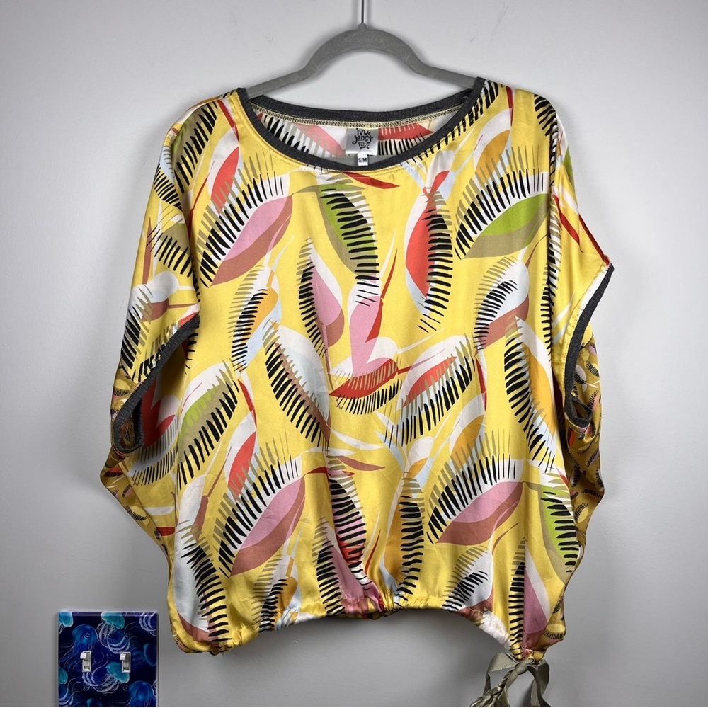 Ivy Jane Yellow Leaf Print Tie Waist Oversized Boxy Blouse Top Size Small Medium